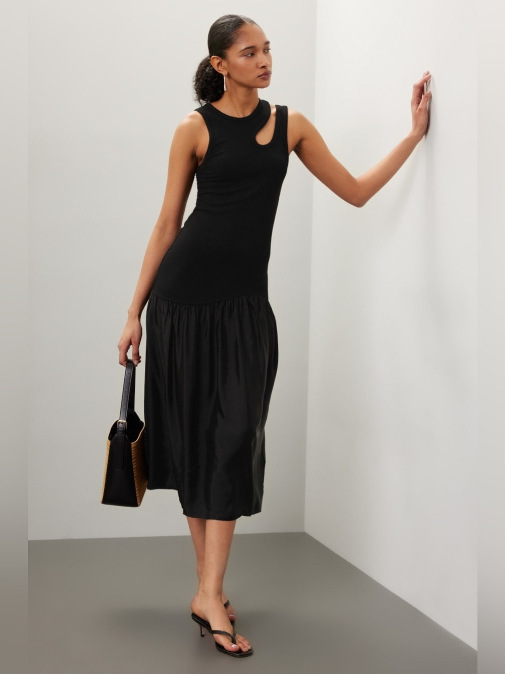 Sandro Black Sleeveless Midi Dress with Shoulder Cutout